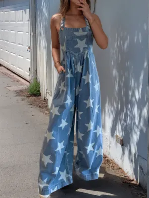 Star Print Buttoned Strap Wide Leg Denim Overalls