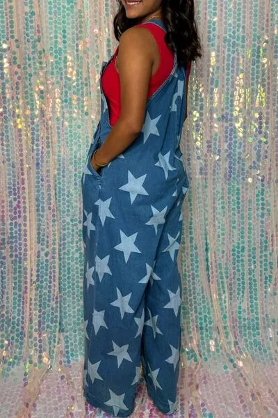 Star Print Buttoned Strap Wide Leg Denim Overalls