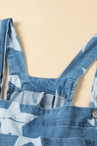 Star Print Buttoned Strap Wide Leg Denim Overalls