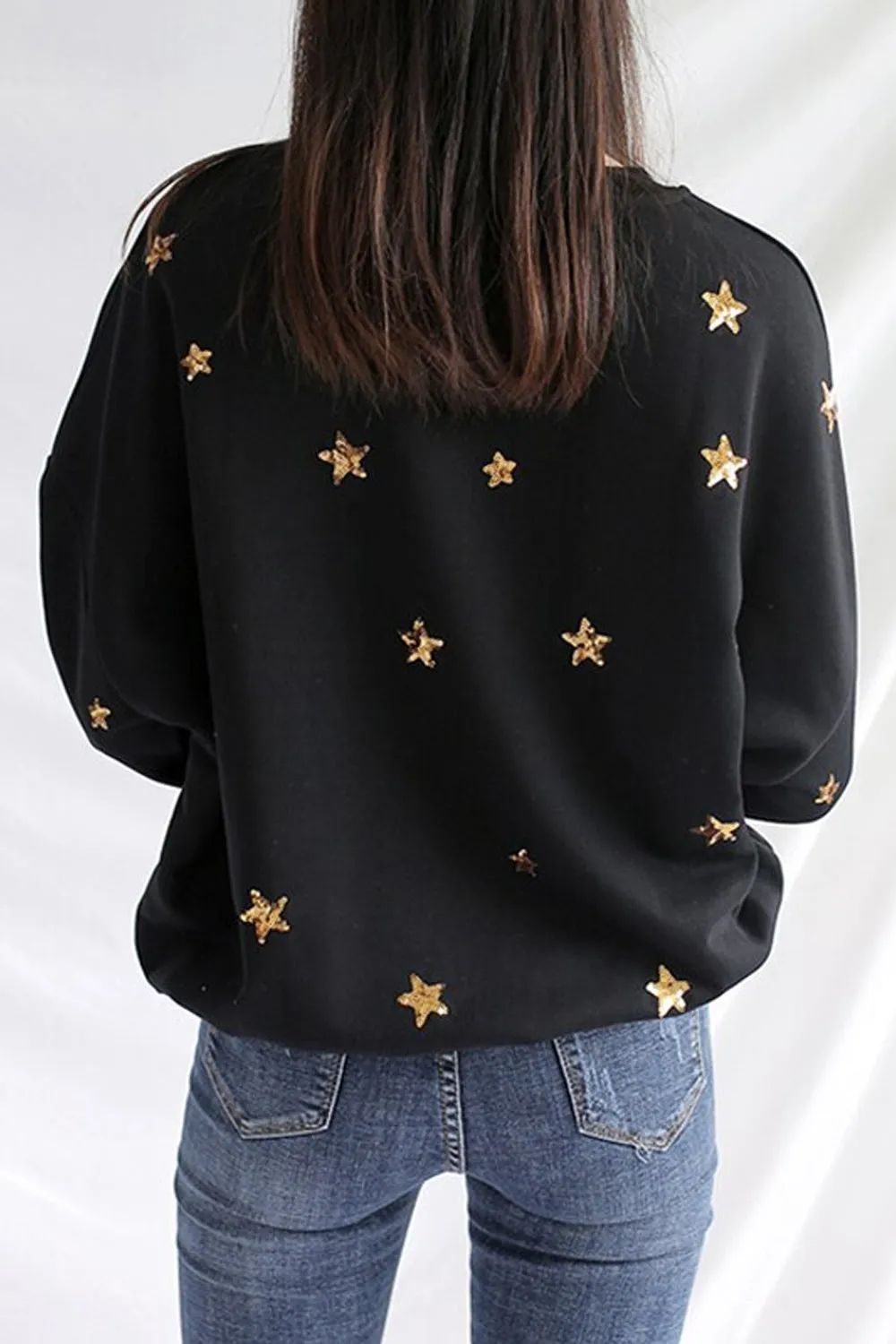 Stars Sequined Loose Black Sweatshirt