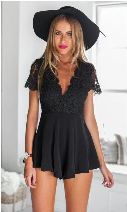 Summer Style Black Lace Jumpsuit Women V Sexy Pants Casual Playsuit Cut Out overalls Shorts