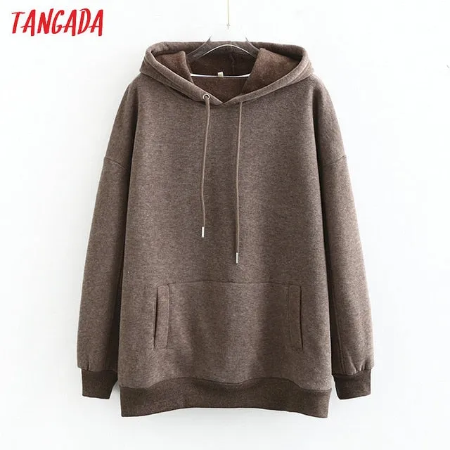Tangada women fleece hoodie sweatshirts winter japanese fashion 2025 oversize ladies pullovers warm pocket hooded jacket SD60