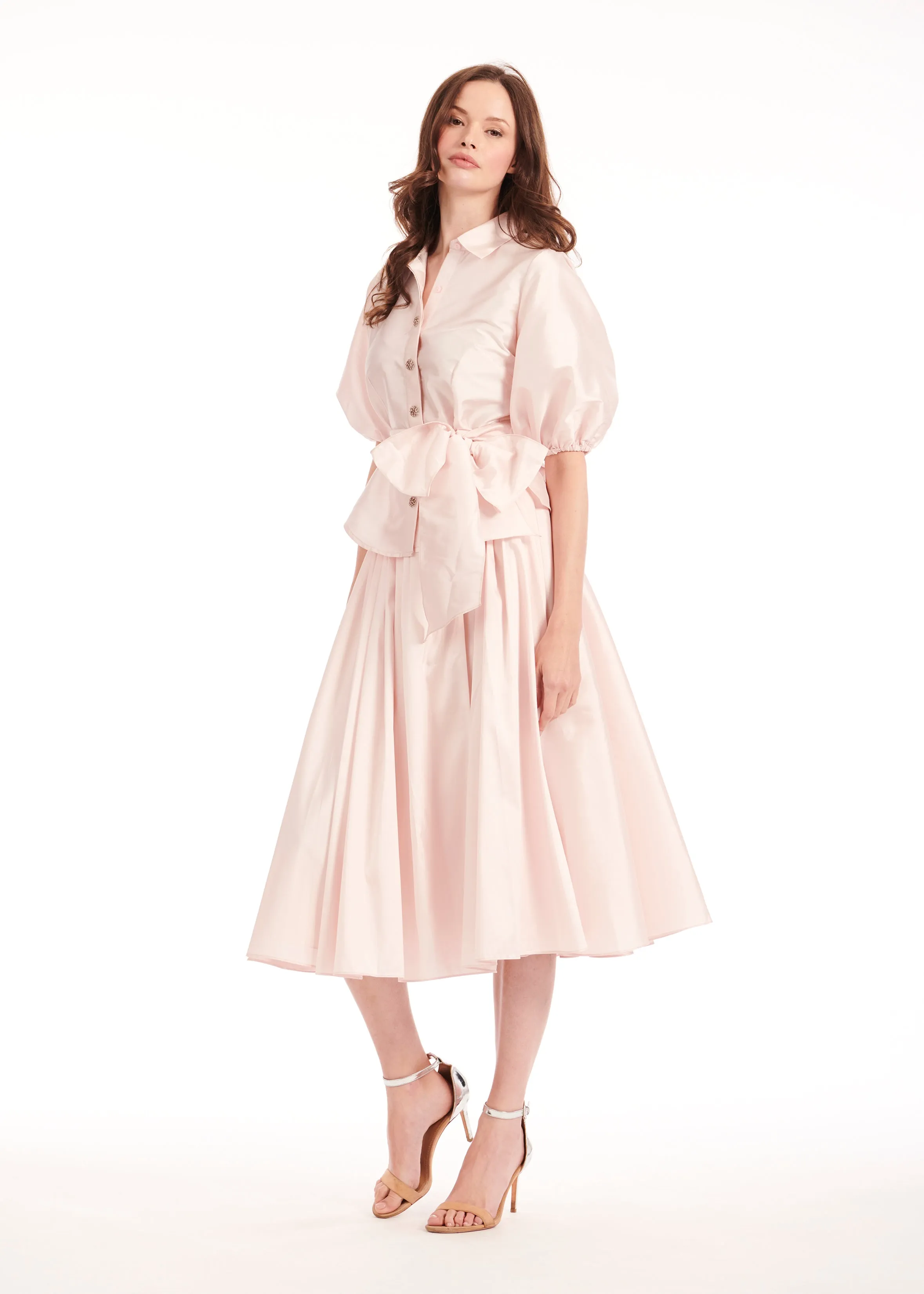 TEA LENGTH PLEATED SOFT TAFFETA MIDI SKIRT BLUSH