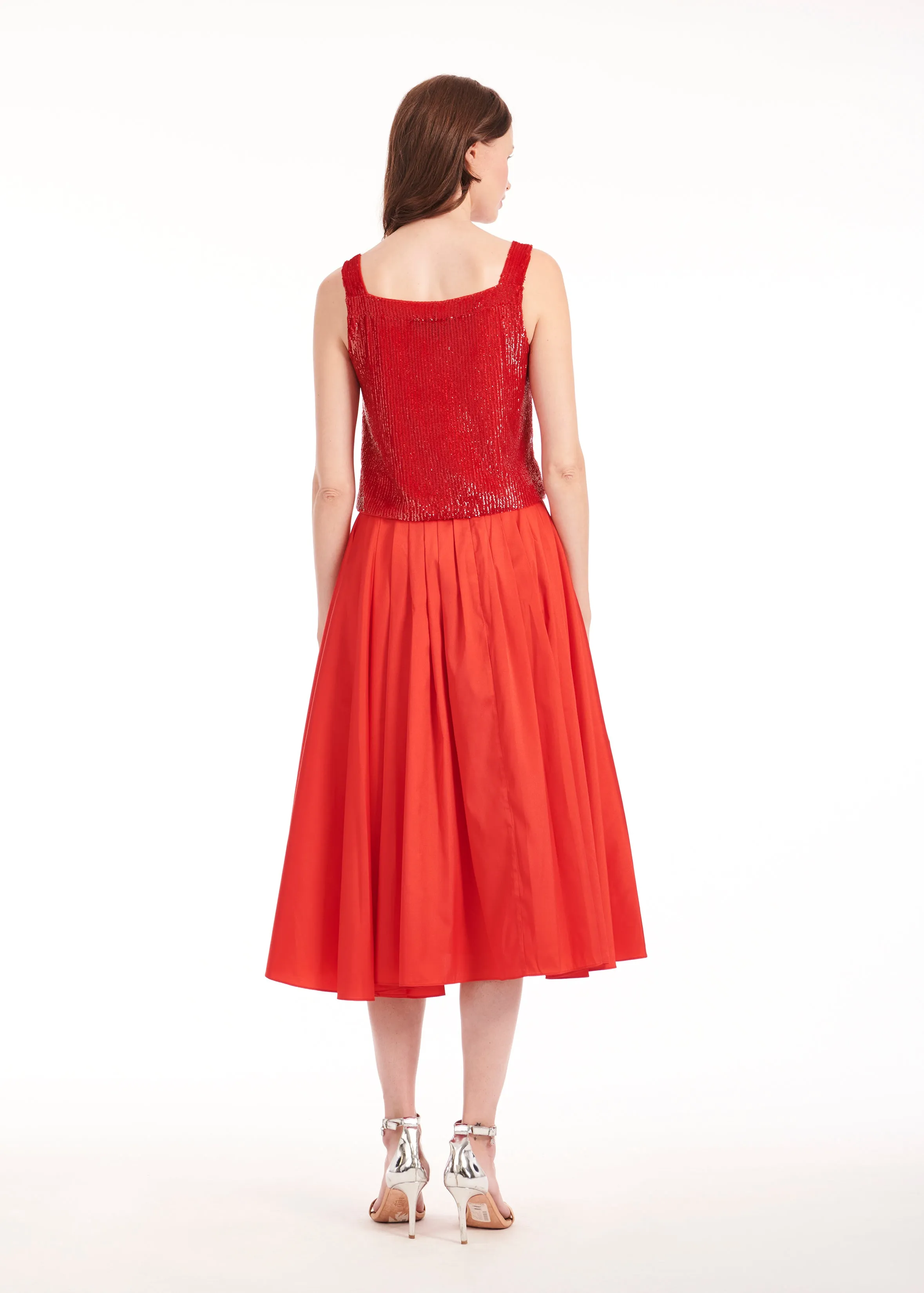 TEA LENGTH PLEATED SOFT TAFFETA MIDI SKIRT TOMATO