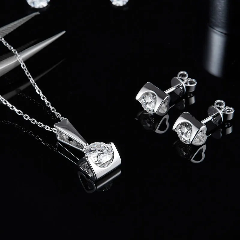 Tension Setting Round 2ctw. Moissanite Stud Earrings and 2ct Moissanite Pendant Necklace Jewelry Sets