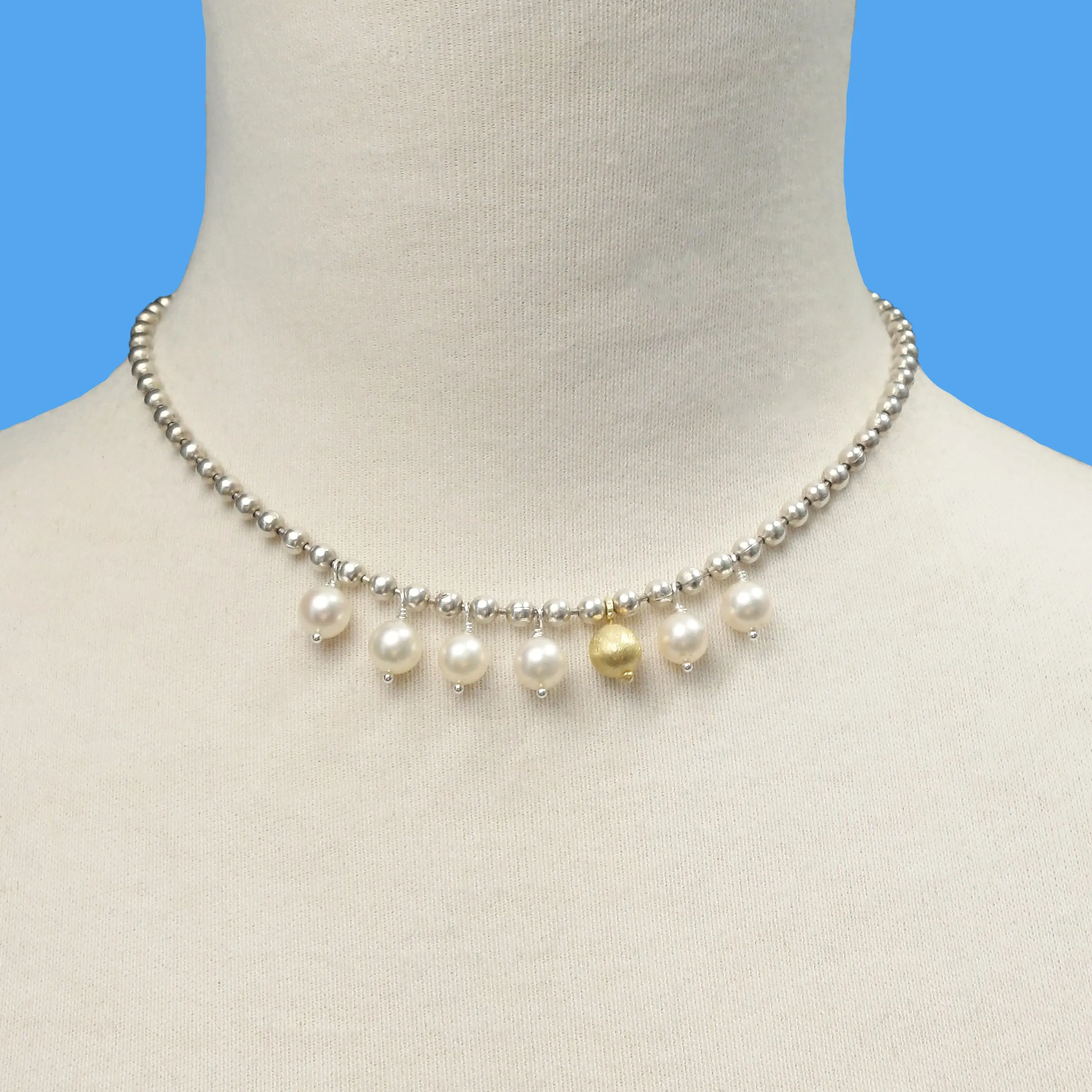 The Sun Pours Down Like Honey: pearl, gold, and silver necklace