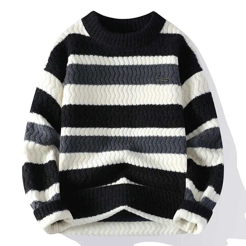 Thick Warm Pull Homme 2024 New Fall Winter High End Casual Striped Sweater Men Long Sleeve Round Neck Mens Pullover Sweaters
