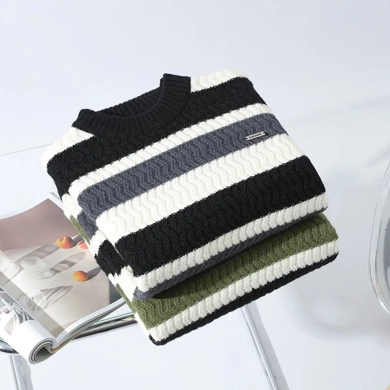 Thick Warm Pull Homme 2024 New Fall Winter High End Casual Striped Sweater Men Long Sleeve Round Neck Mens Pullover Sweaters