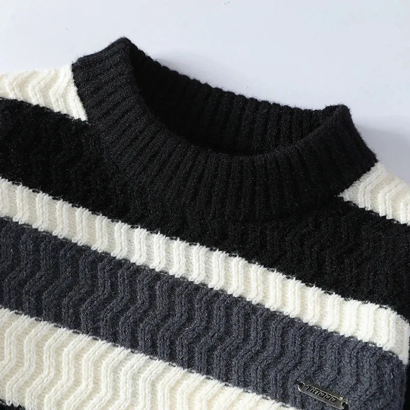 Thick Warm Pull Homme 2024 New Fall Winter High End Casual Striped Sweater Men Long Sleeve Round Neck Mens Pullover Sweaters
