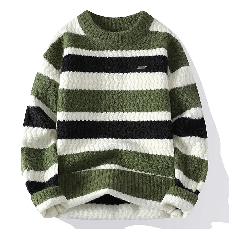 Thick Warm Pull Homme 2024 New Fall Winter High End Casual Striped Sweater Men Long Sleeve Round Neck Mens Pullover Sweaters