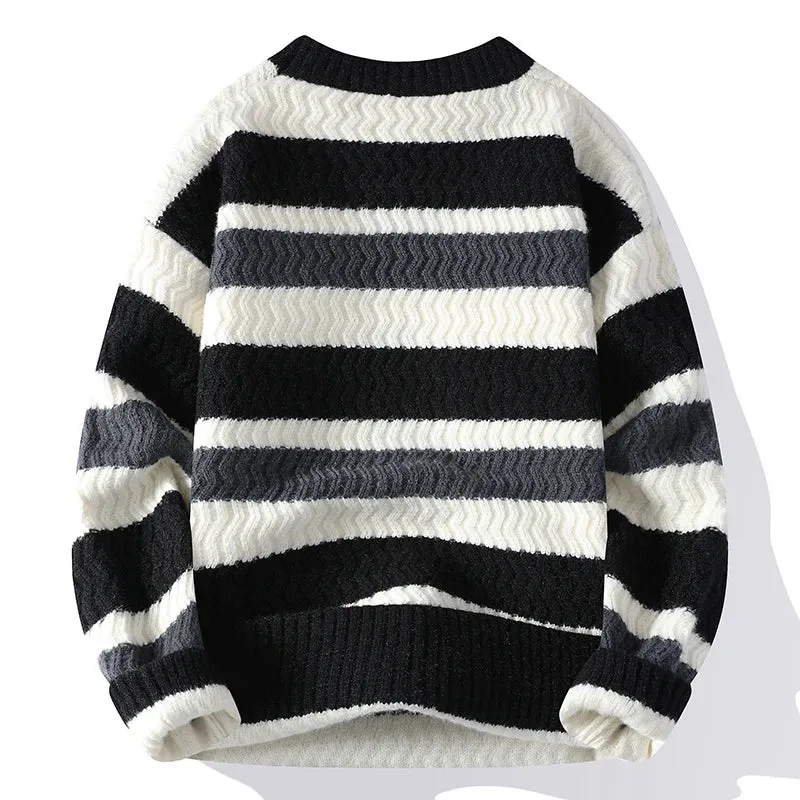 Thick Warm Pull Homme 2024 New Fall Winter High End Casual Striped Sweater Men Long Sleeve Round Neck Mens Pullover Sweaters