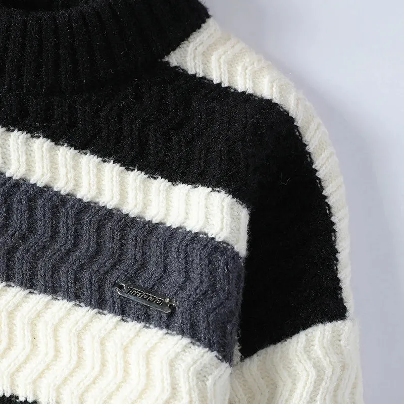 Thick Warm Pull Homme 2024 New Fall Winter High End Casual Striped Sweater Men Long Sleeve Round Neck Mens Pullover Sweaters