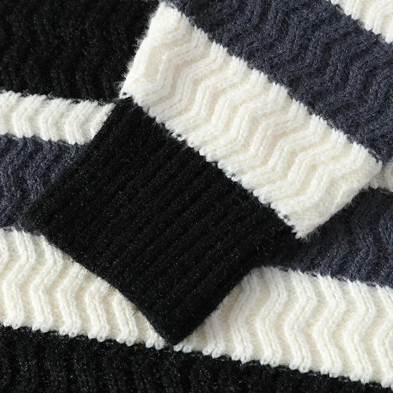 Thick Warm Pull Homme 2024 New Fall Winter High End Casual Striped Sweater Men Long Sleeve Round Neck Mens Pullover Sweaters