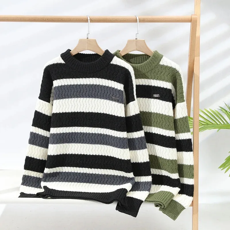 Thick Warm Pull Homme 2024 New Fall Winter High End Casual Striped Sweater Men Long Sleeve Round Neck Mens Pullover Sweaters