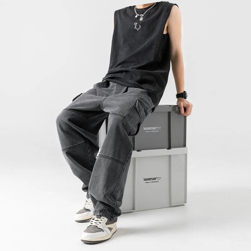 Three-dimensional pocket retro distressed washed overalls jeans