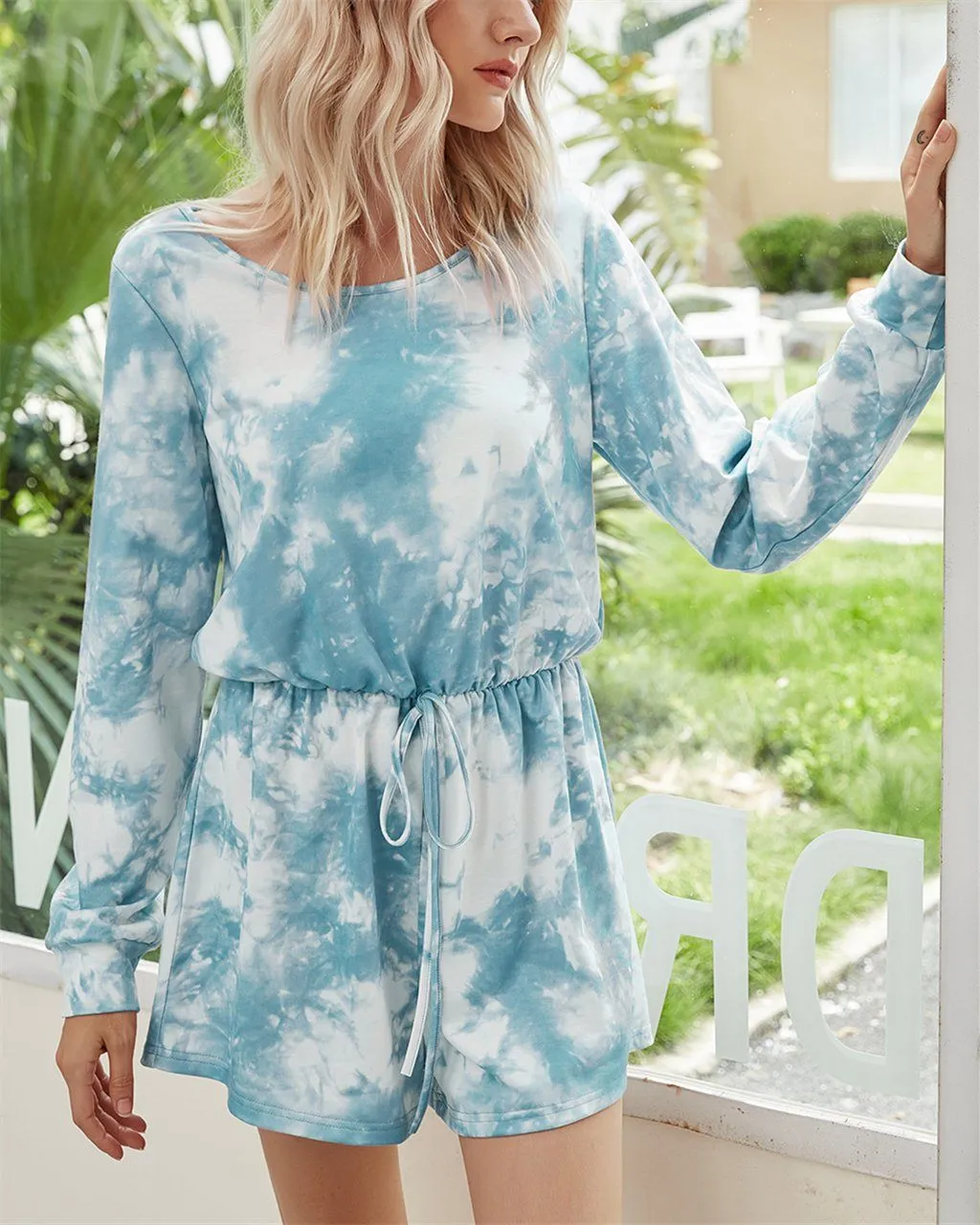 Tie-Dyed Mid Waist Jumpsuit - Sky Blue