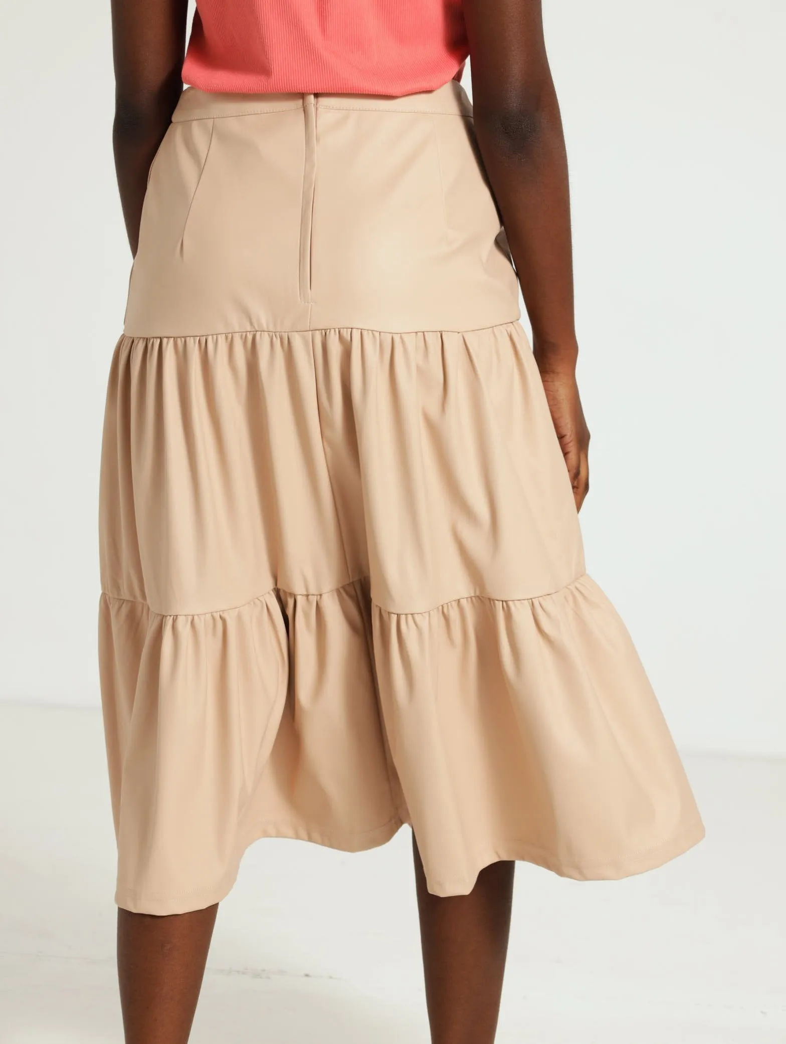 Tiered Pu Midi Skirt - Stone