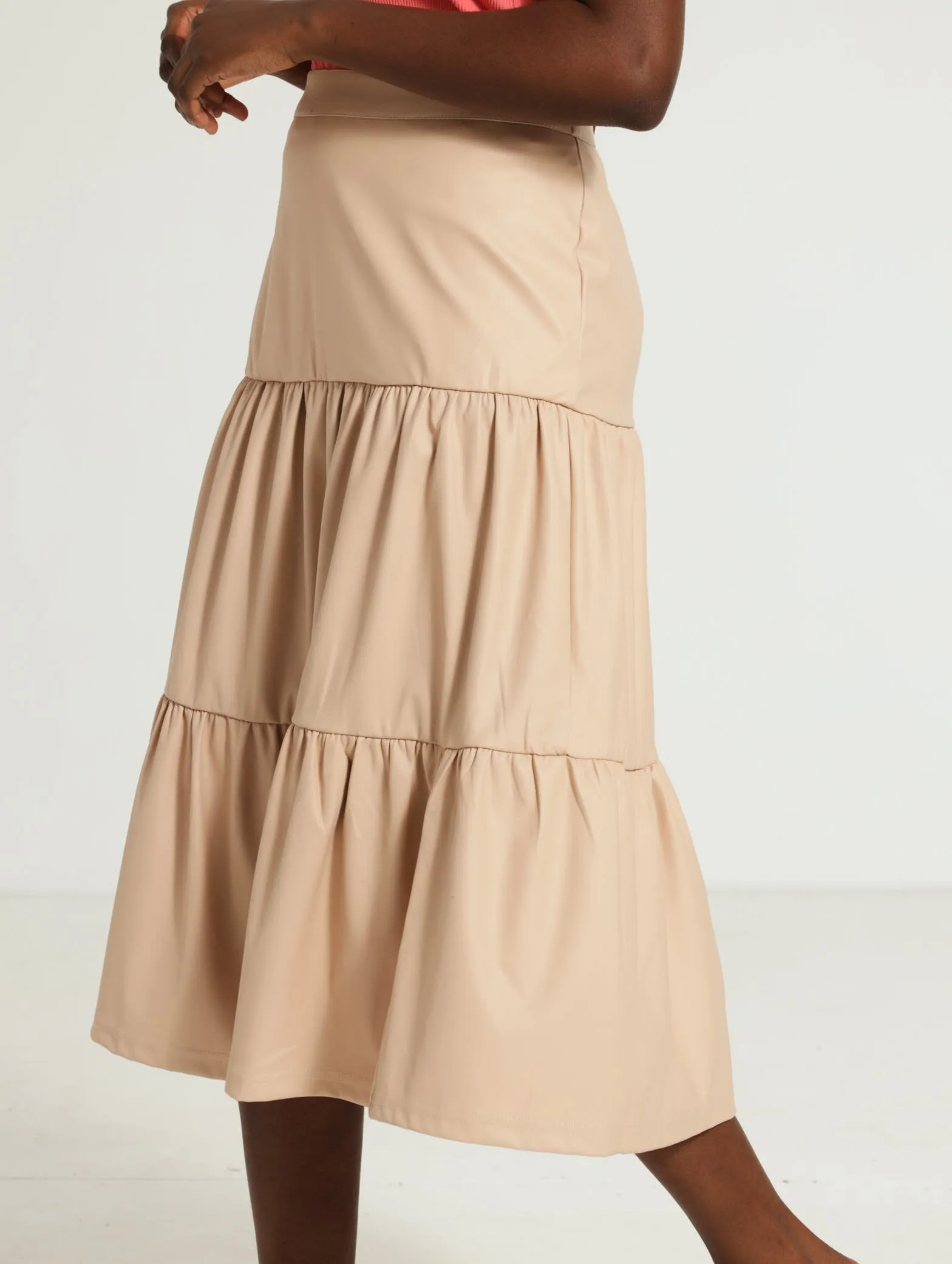 Tiered Pu Midi Skirt - Stone
