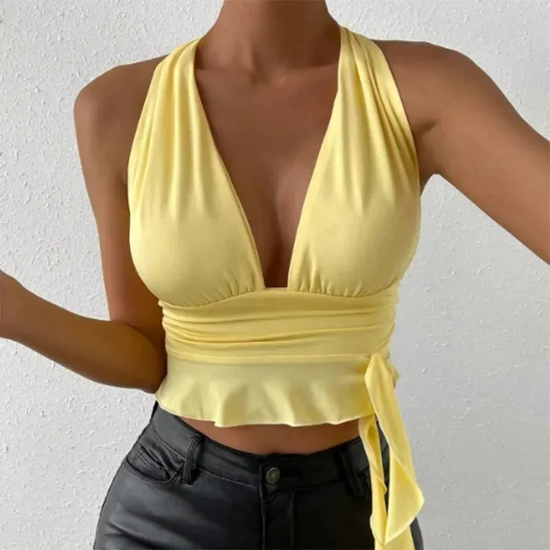 Tight Fitting Deep V-neck Pleated Top