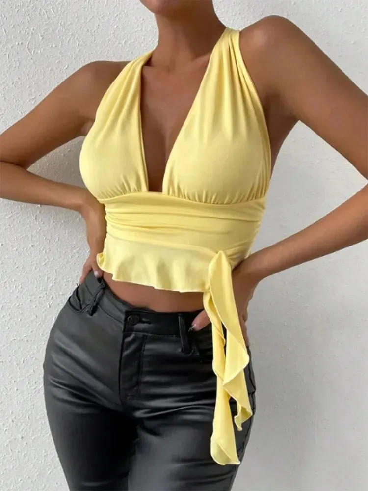 Tight Fitting Deep V-neck Pleated Top