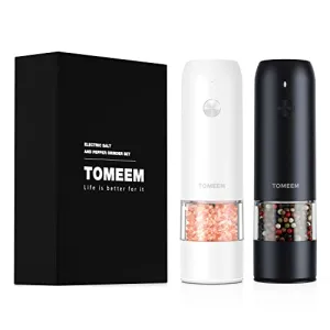 TOMEEM Electric Salt & Pepper Grinder Set (2 pcs) with 6-Level Adjustable Coarseness, Easily One-Hand Operated Rechargeable Salt Grinder & Pepper Mill with Bright LED Lights for Kitchen, Camping, Gift