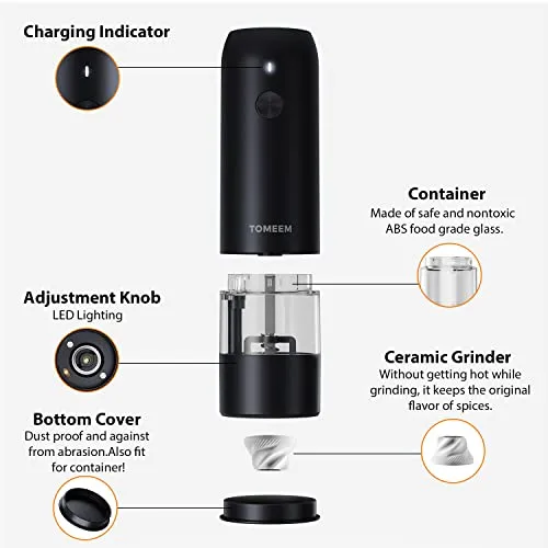 TOMEEM Electric Salt & Pepper Grinder Set (2 pcs) with 6-Level Adjustable Coarseness, Easily One-Hand Operated Rechargeable Salt Grinder & Pepper Mill with Bright LED Lights for Kitchen, Camping, Gift