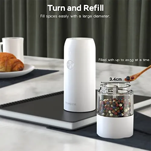 TOMEEM Electric Salt & Pepper Grinder Set (2 pcs) with 6-Level Adjustable Coarseness, Easily One-Hand Operated Rechargeable Salt Grinder & Pepper Mill with Bright LED Lights for Kitchen, Camping, Gift