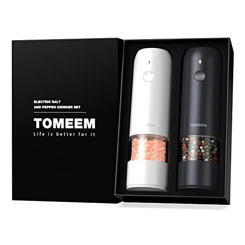TOMEEM Electric Salt & Pepper Grinder Set (2 pcs) with 6-Level Adjustable Coarseness, Easily One-Hand Operated Rechargeable Salt Grinder & Pepper Mill with Bright LED Lights for Kitchen, Camping, Gift