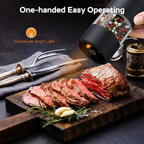 TOMEEM Electric Salt & Pepper Grinder Set (2 pcs) with 6-Level Adjustable Coarseness, Easily One-Hand Operated Rechargeable Salt Grinder & Pepper Mill with Bright LED Lights for Kitchen, Camping, Gift