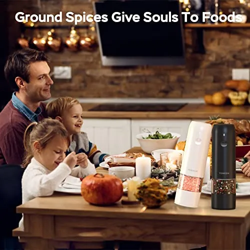 TOMEEM Electric Salt & Pepper Grinder Set (2 pcs) with 6-Level Adjustable Coarseness, Easily One-Hand Operated Rechargeable Salt Grinder & Pepper Mill with Bright LED Lights for Kitchen, Camping, Gift