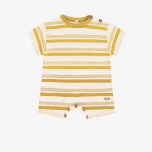 Une pièce de maille côtelée manches courtes à rayures jaune et crème, naissance || Ribbed knit one-piece with yellow and cream stripes, newborn
