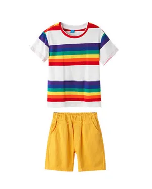 Vibrant Rainbow Family Matching Outfits  Striped T-Shirts and Yellow Overalls Set for Family Outings