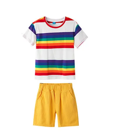 Vibrant Rainbow Family Matching Outfits  Striped T-Shirts and Yellow Overalls Set for Family Outings