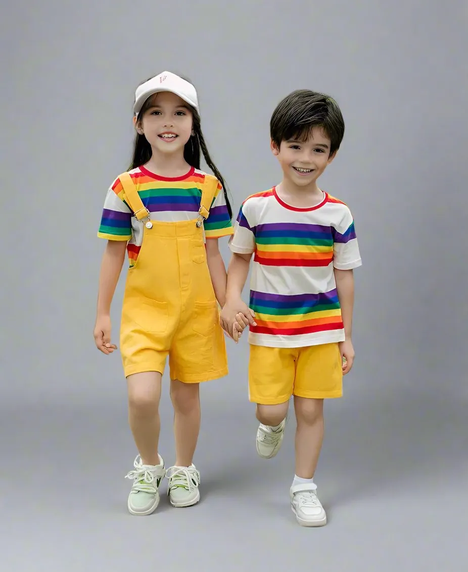Vibrant Rainbow Family Matching Outfits  Striped T-Shirts and Yellow Overalls Set for Family Outings