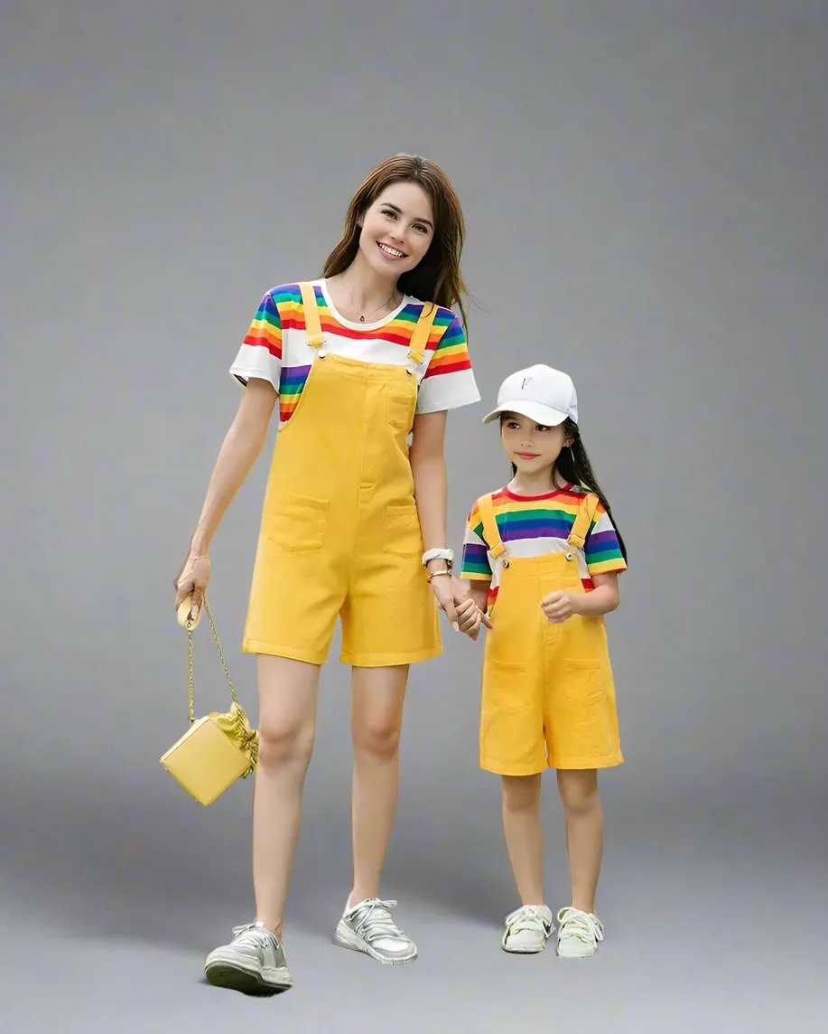 Vibrant Rainbow Family Matching Outfits  Striped T-Shirts and Yellow Overalls Set for Family Outings