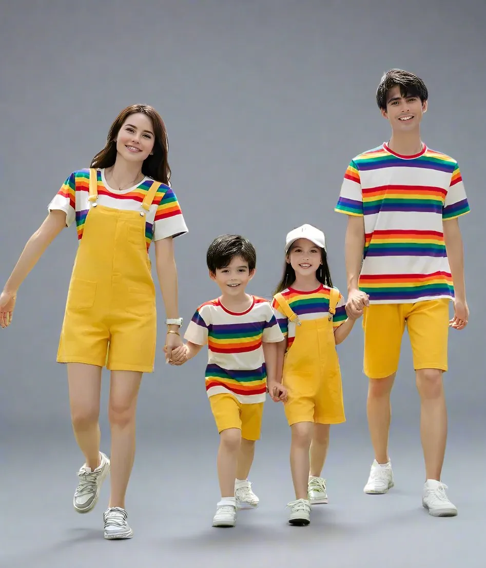 Vibrant Rainbow Family Matching Outfits  Striped T-Shirts and Yellow Overalls Set for Family Outings