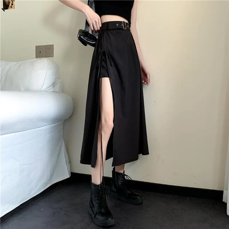 Vintage Dark Gothic High Split Mid-Calf Skirt