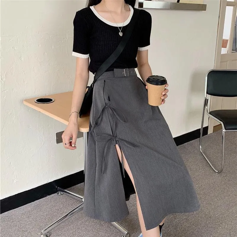 Vintage Dark Gothic High Split Mid-Calf Skirt