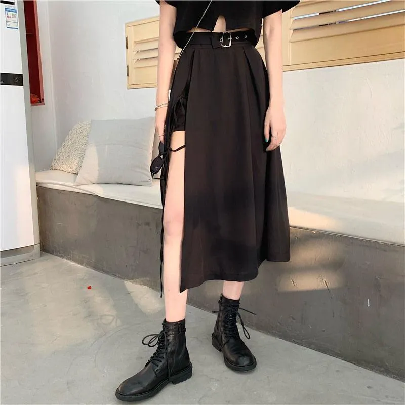 Vintage Dark Gothic High Split Mid-Calf Skirt