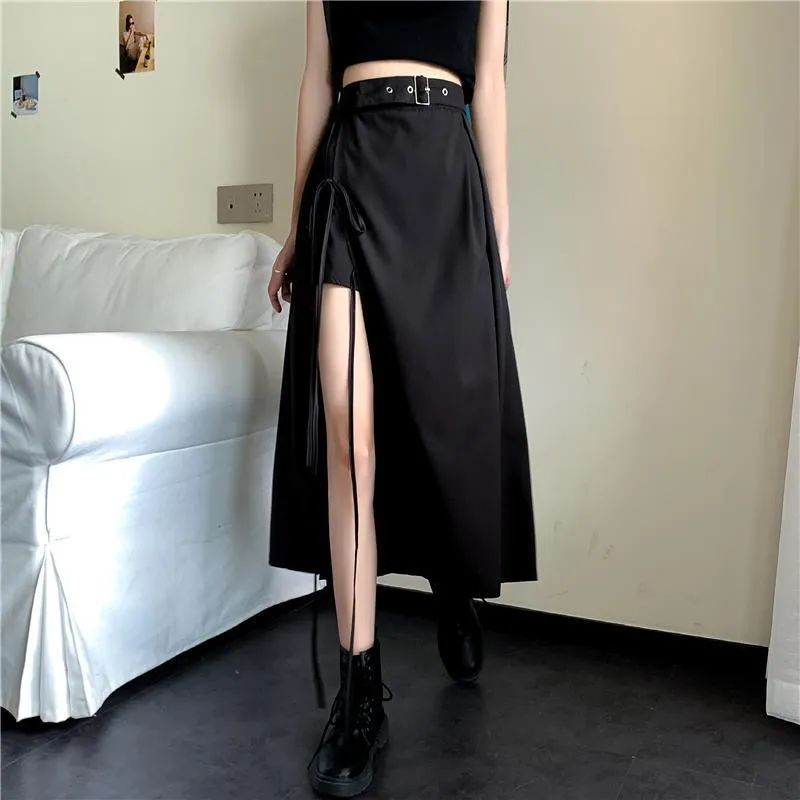 Vintage Dark Gothic High Split Mid-Calf Skirt