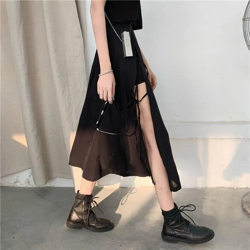 Vintage Dark Gothic High Split Mid-Calf Skirt