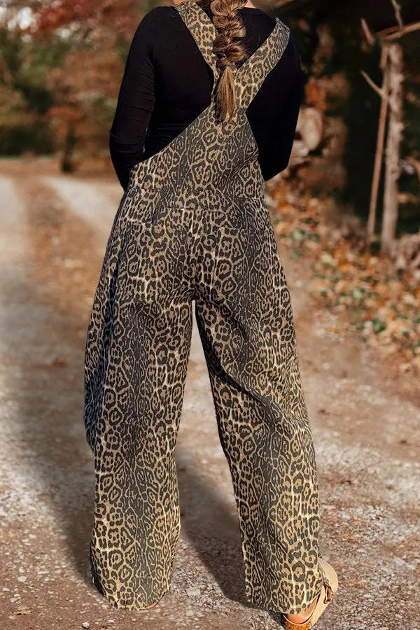 Vintage Leopard Print Wide-Leg Overalls