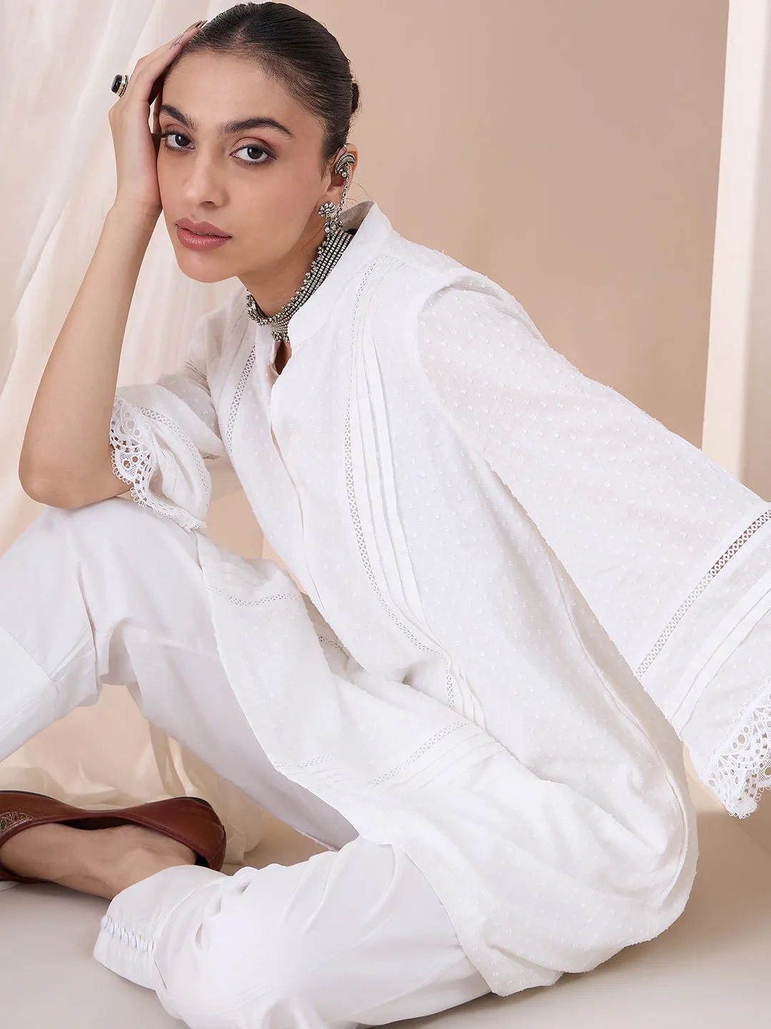 White Lace Detailing Dobby Kurta With Button Detailing Pant