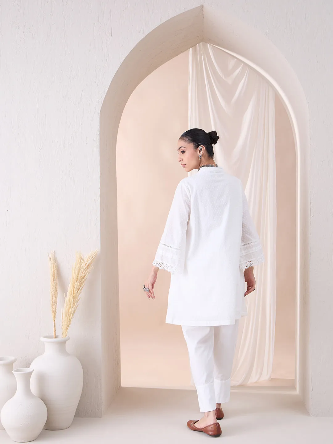 White Lace Detailing Dobby Kurta With Button Detailing Pant