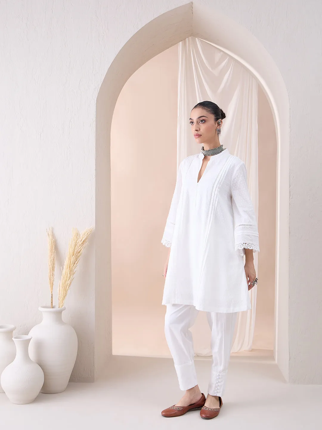 White Lace Detailing Dobby Kurta With Button Detailing Pant