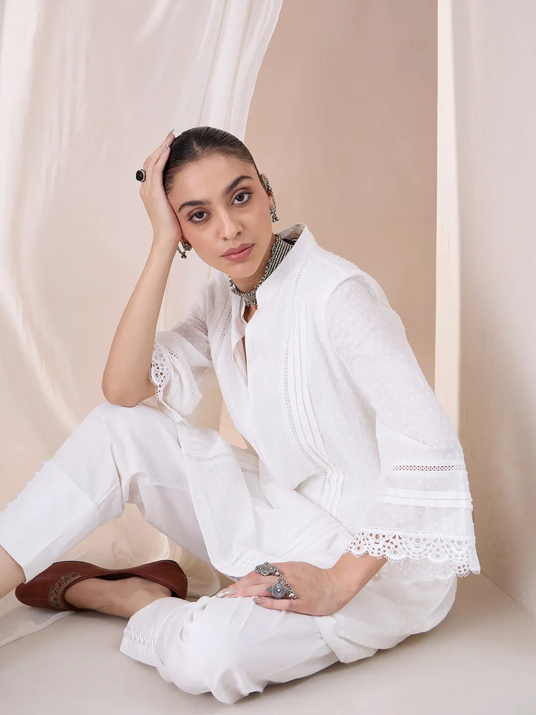White Lace Detailing Dobby Kurta With Button Detailing Pant