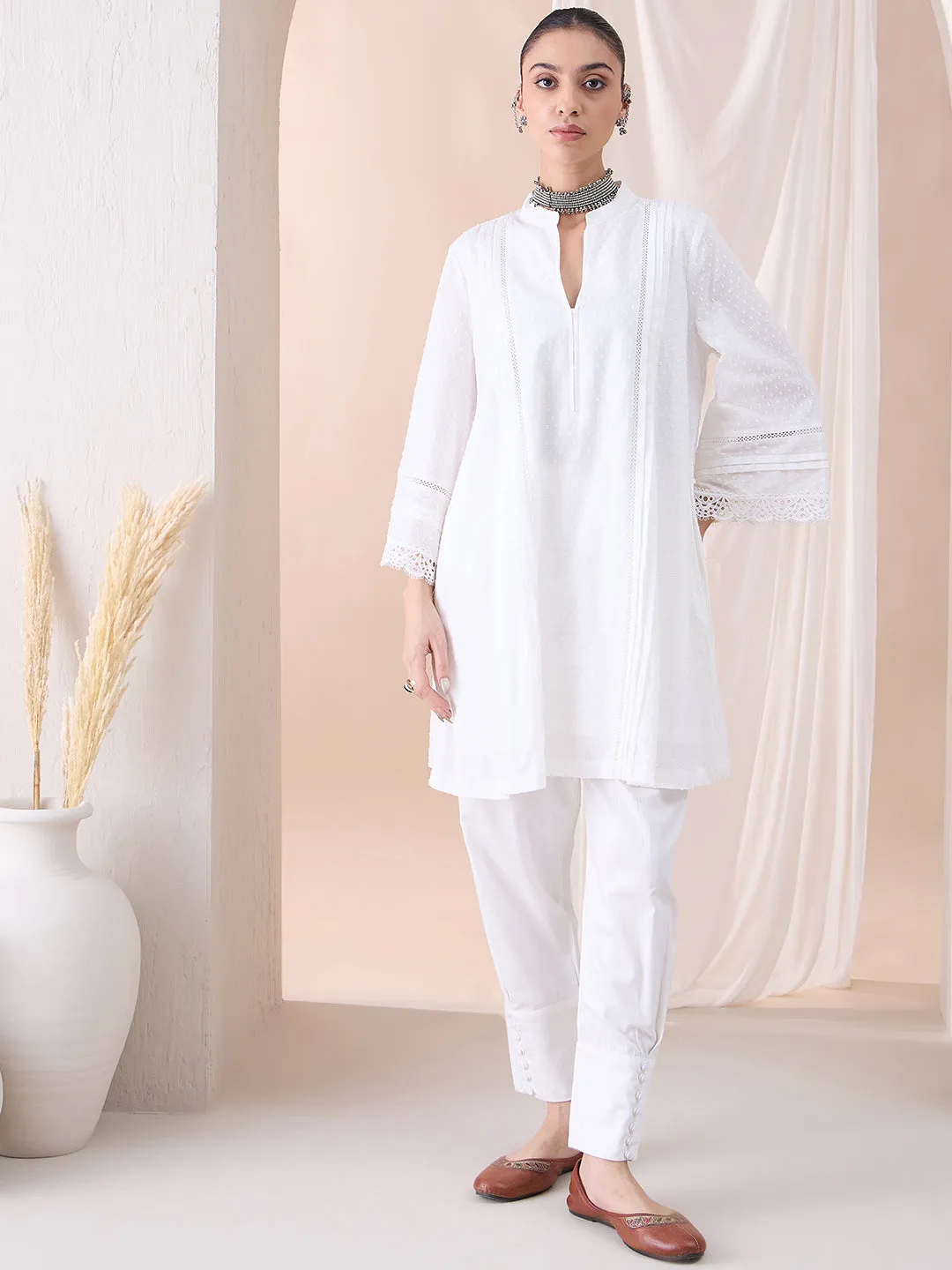 White Lace Detailing Dobby Kurta With Button Detailing Pant