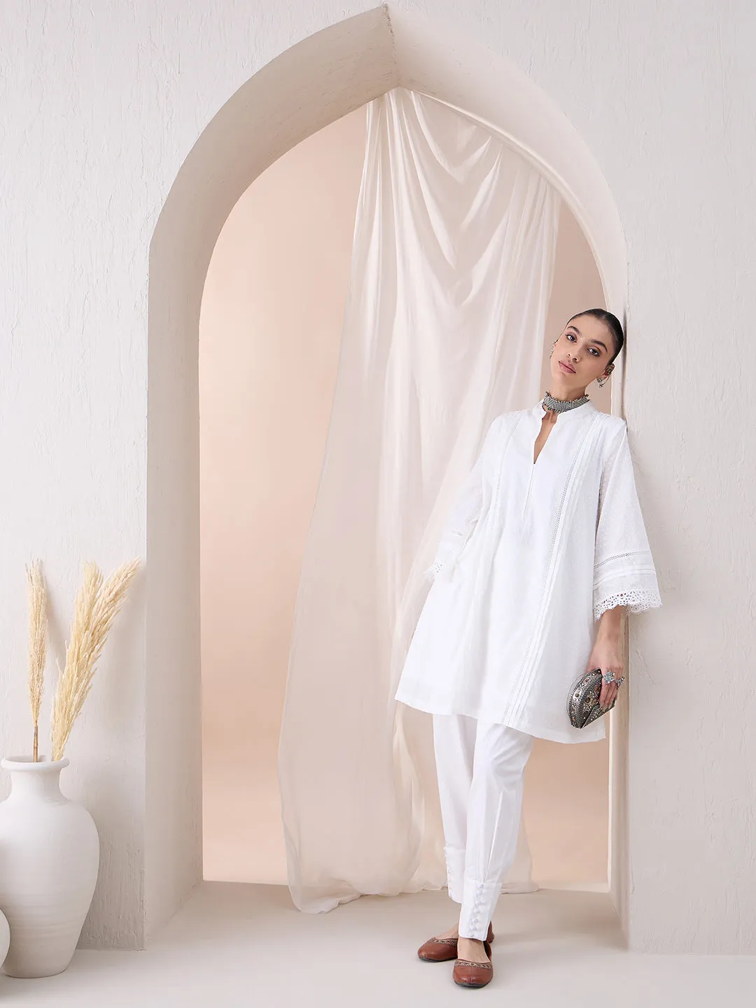 White Lace Detailing Dobby Kurta With Button Detailing Pant