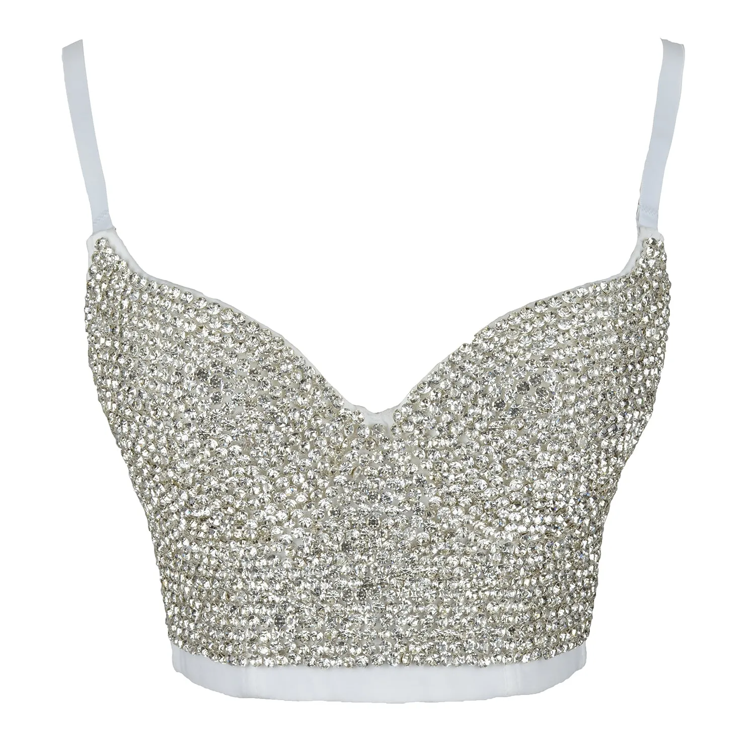 White Women's Rhinestone Diamond Bustier Crop Top Bra