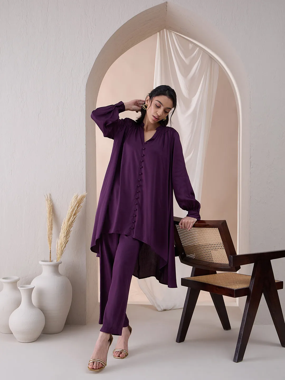 Wine High Low Tunic With Straight Pant